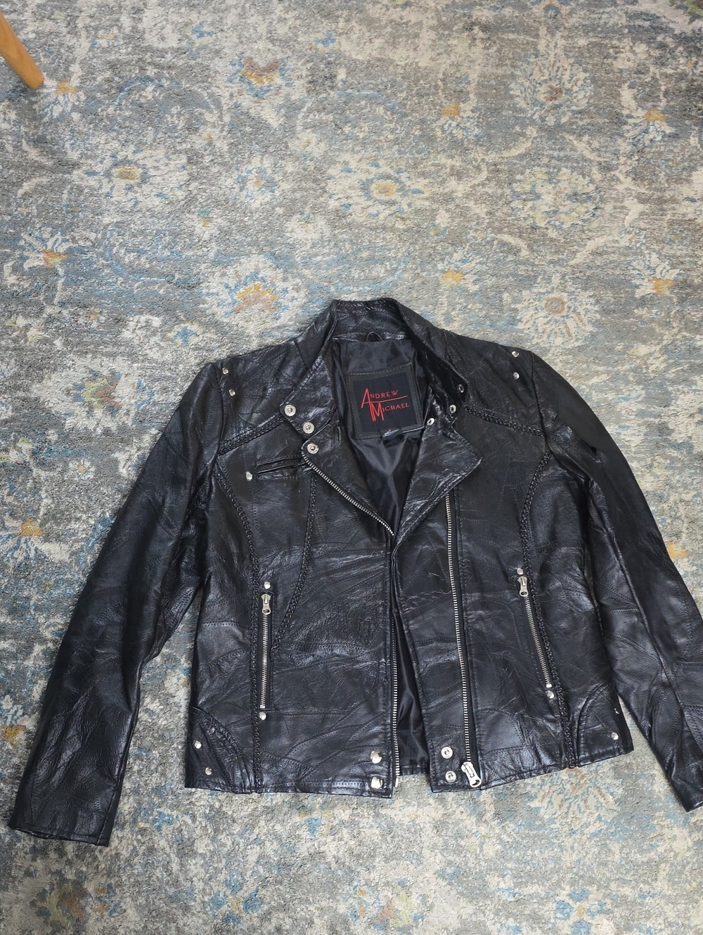 Andrew Marc Black Leather Biker Jacket with Zip Details